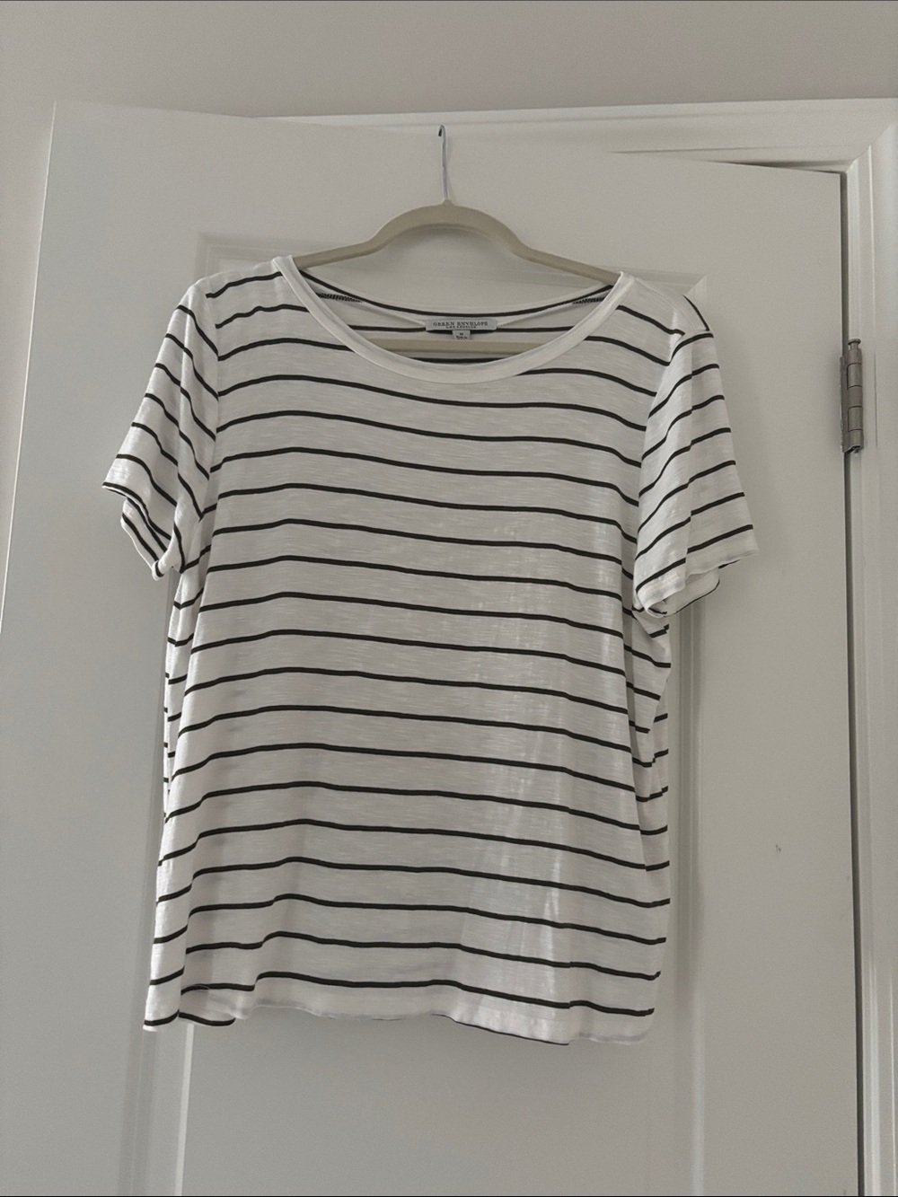 Green Envelope White Tee with Black Stripes